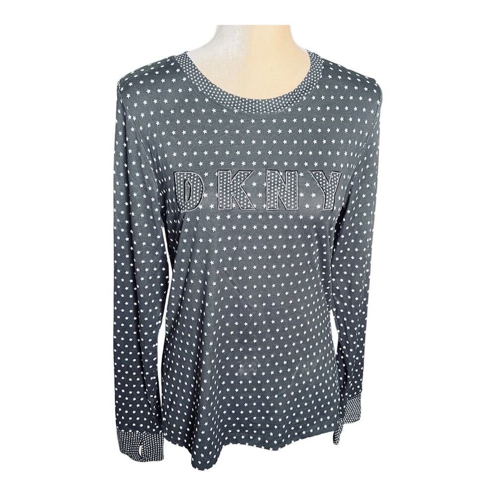 DKNY Women Long Sleeve Top  Sz M Black White Stars Raised LOGO Thumbhole